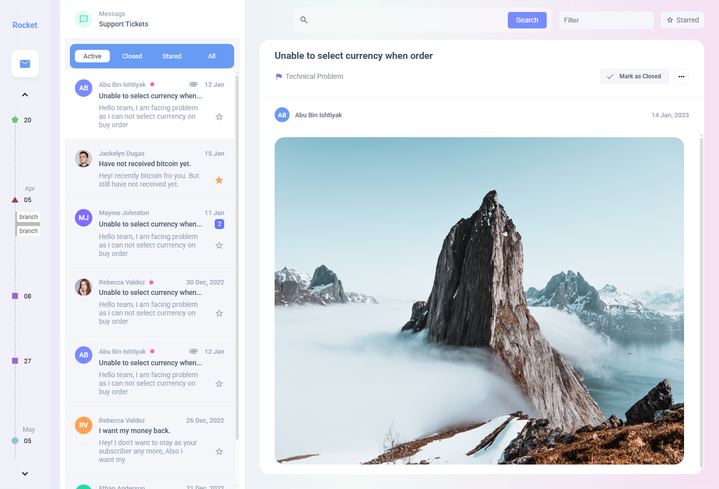 Rocket support dashboard UI screenshot